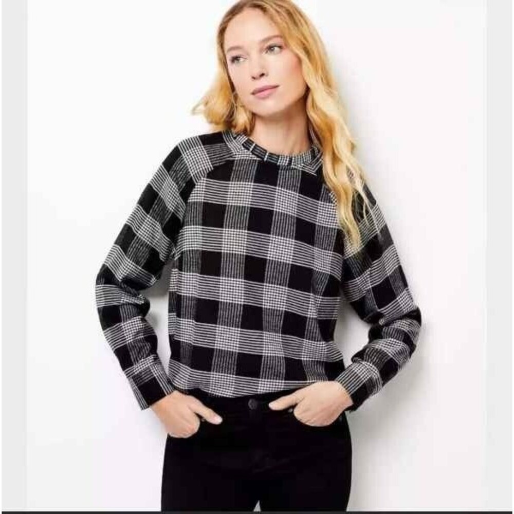 LOFT Soft Plaid Pleated Ruffle Neck Grunge relaxed comfy blouse XS Long Sleeve